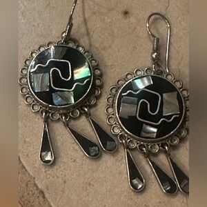 Silver tone earrings with mother of pearl/abalone, and onyx inlay